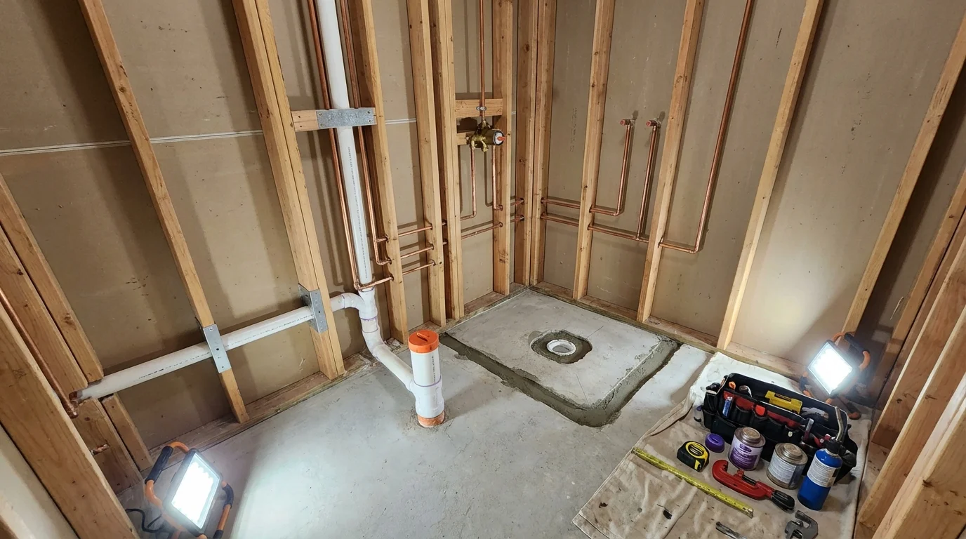 Bathroom rough-in plumbing during remodel by Johns Plumbing LLC in Sunapee