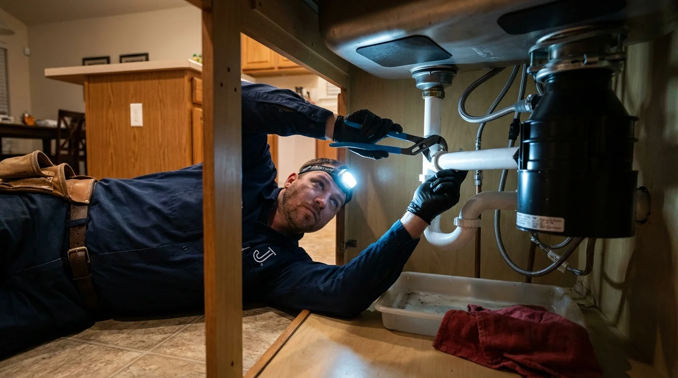 P-trap and supply line connections under a kitchen sink showing a common leak point in Sunapee, NH